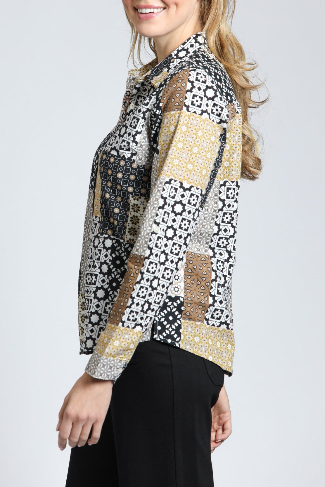 Classic Button-up Shirt with Earth Tone Patchwork Print | left side