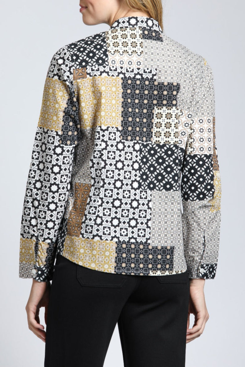 Classic Button-up Shirt with Earth Tone Patchwork Print | back side