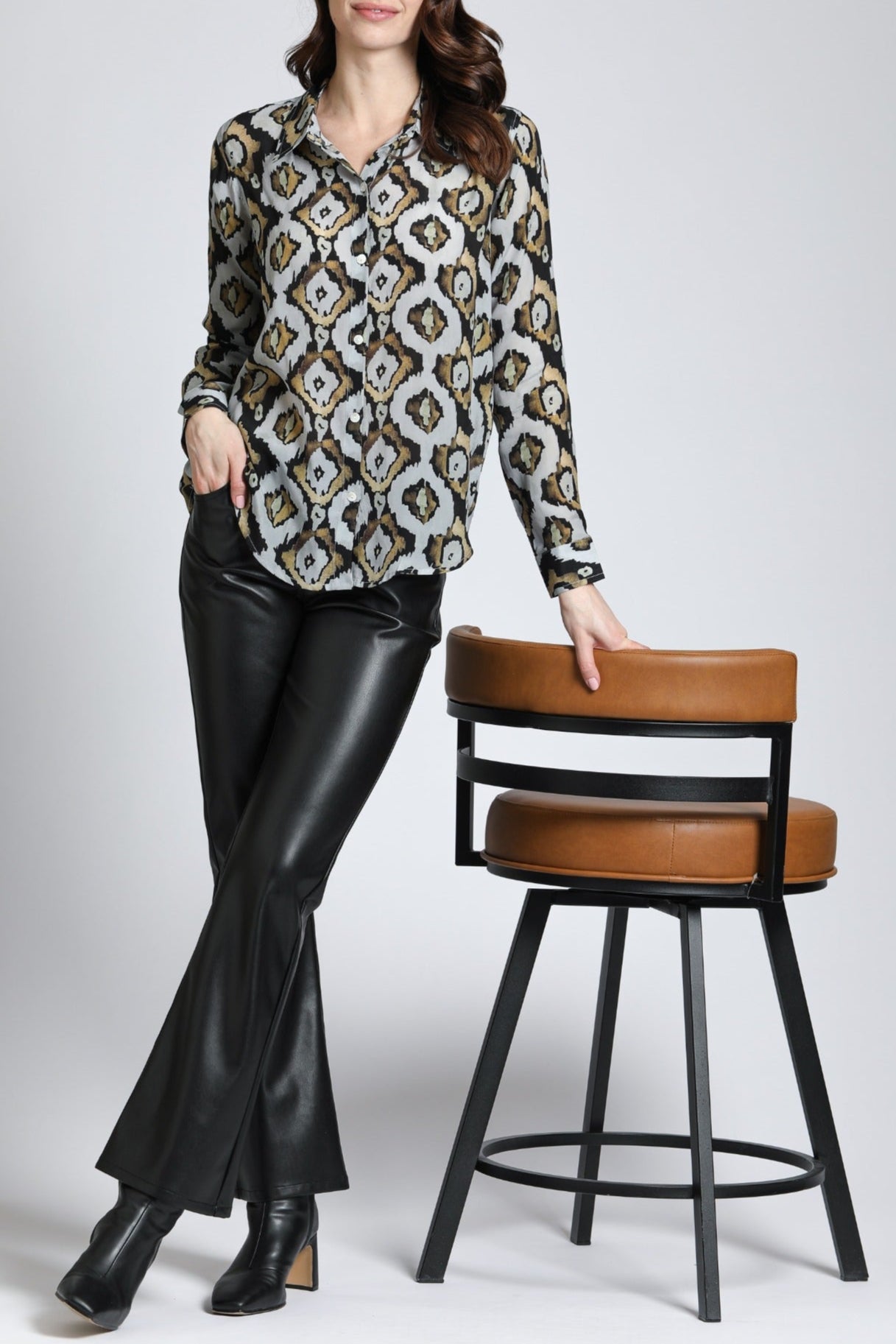 Silver & Gold Ikat - Button Up With Roll Up Sleeve