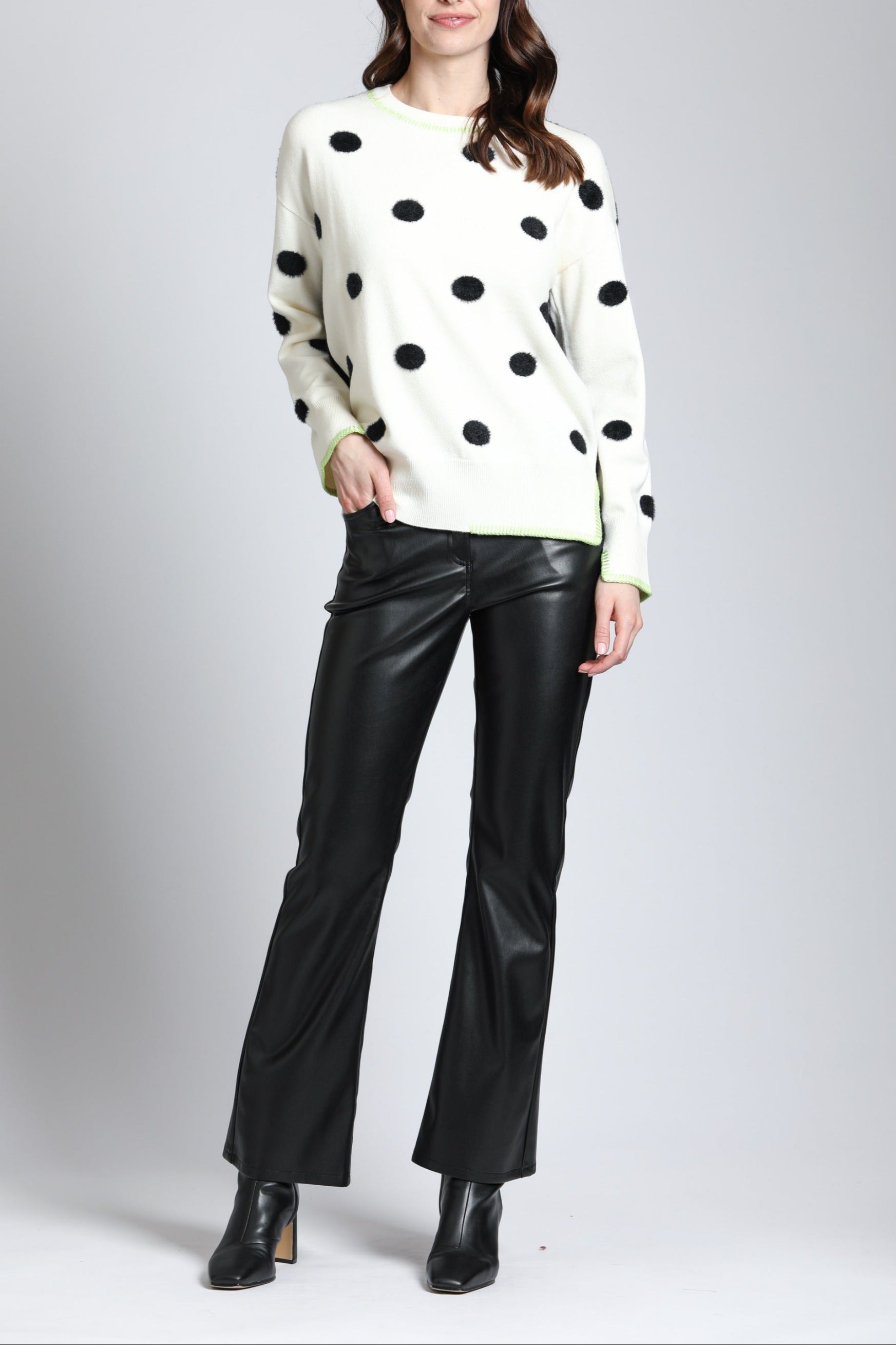 Polka Dot Sweater with Contrast Stitching | full side