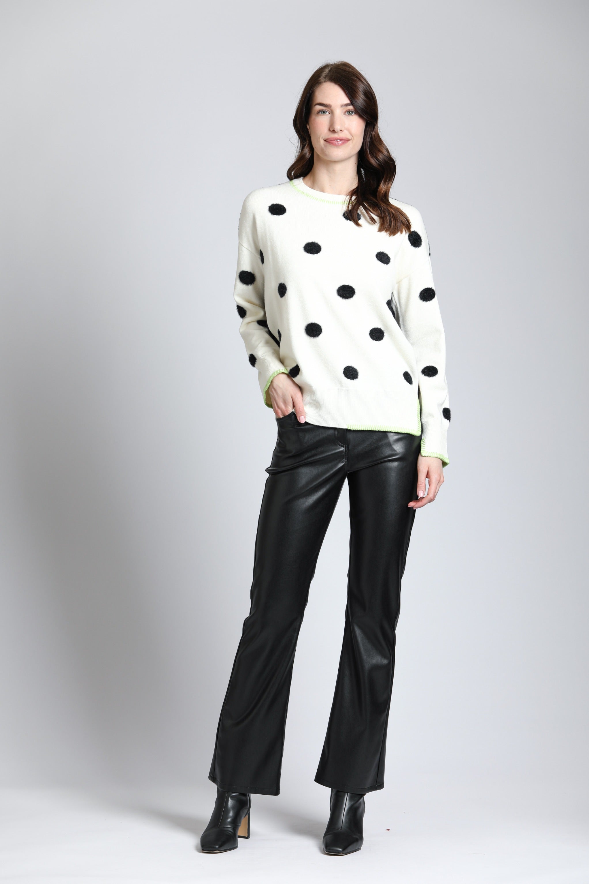 Polka Dot Sweater with Contrast Stitching | full side