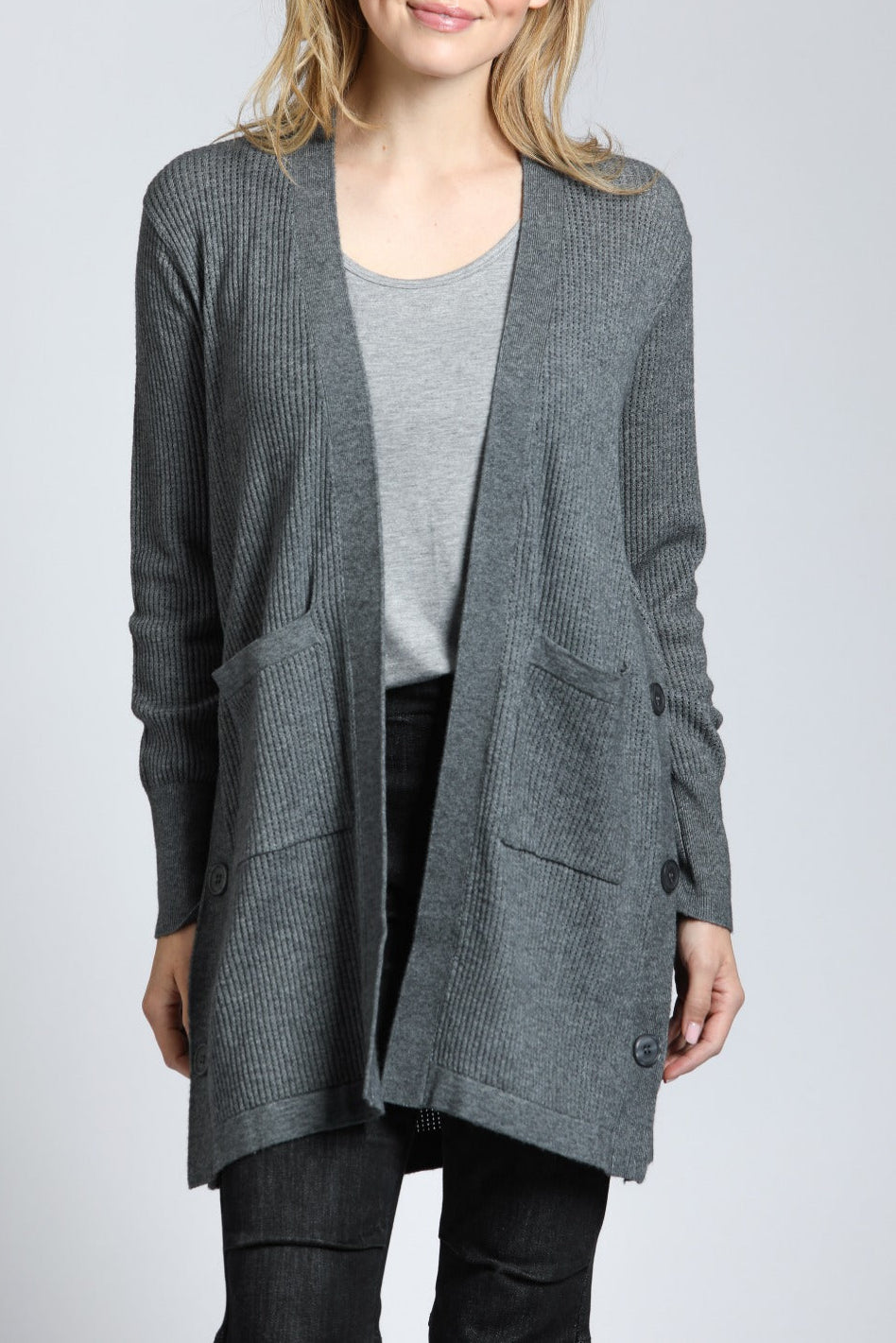 Open Knit Side Button Cardigan | front side