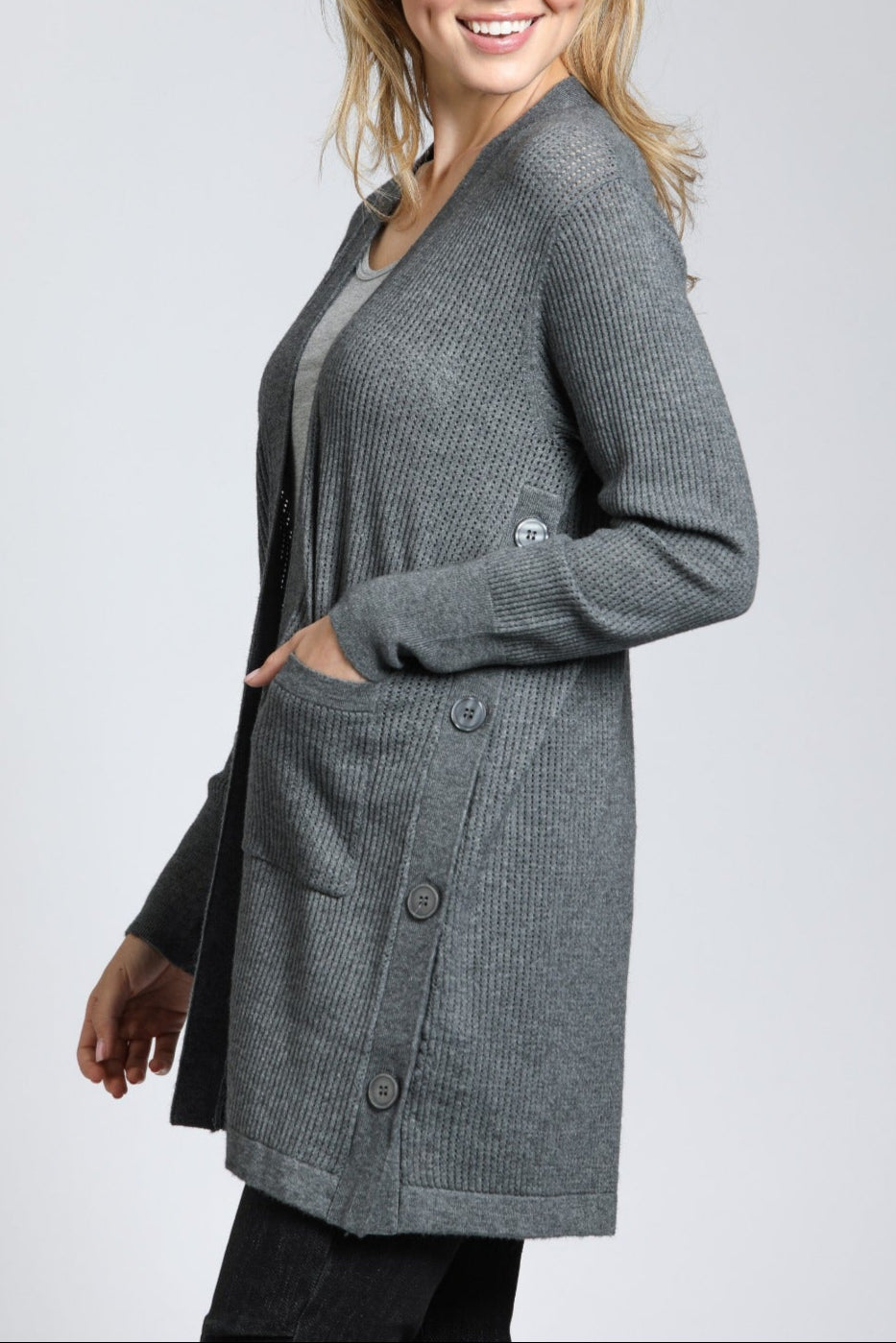 Open Knit Side Button Cardigan | left side
