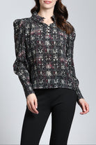 Oriental Plaid Print - Puff Sleeve Blouse With Ruched Detail | front side