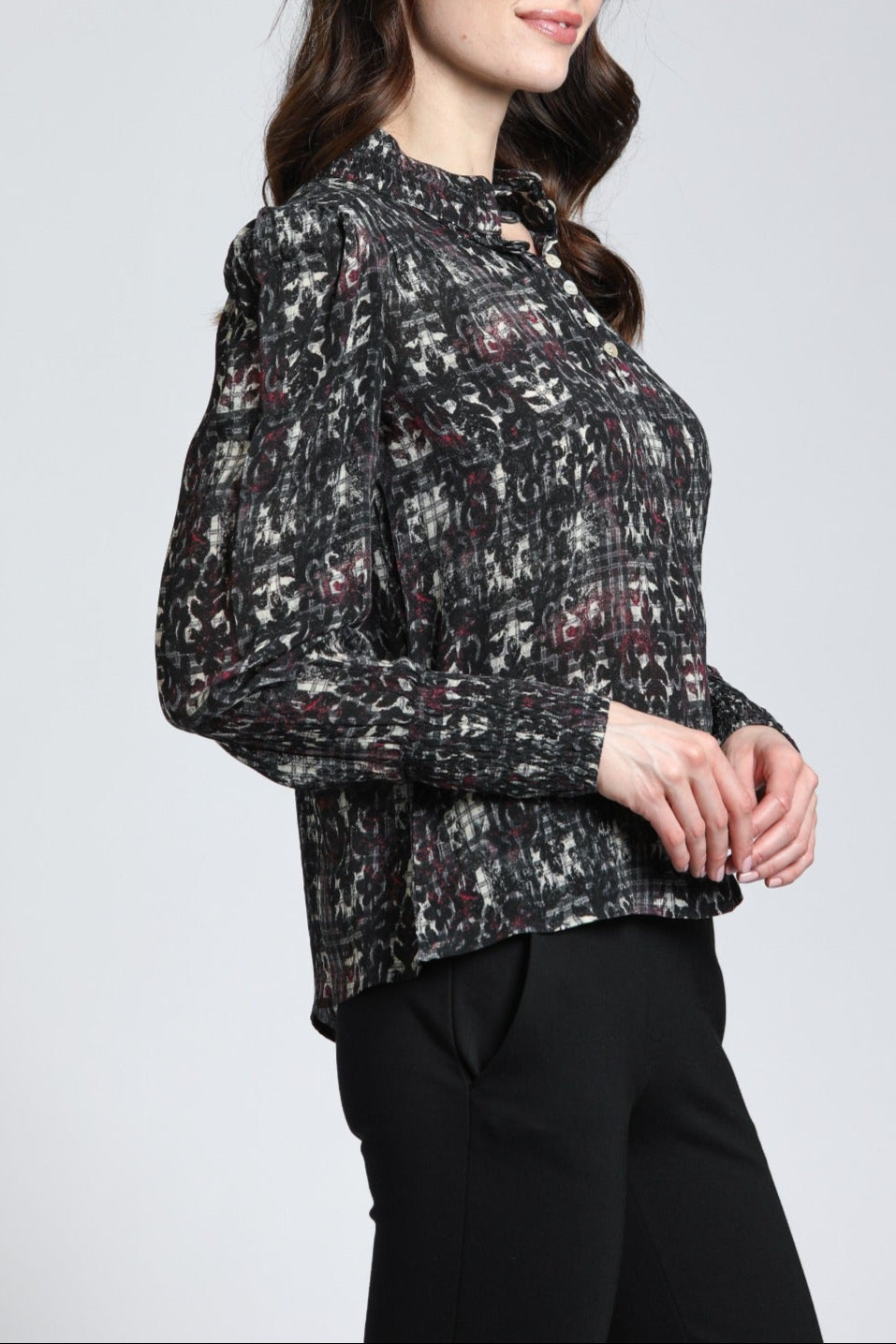 Oriental Plaid Print - Puff Sleeve Blouse With Ruched Detail | right side