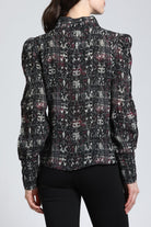 Oriental Plaid Print - Puff Sleeve Blouse With Ruched Detail | bac side