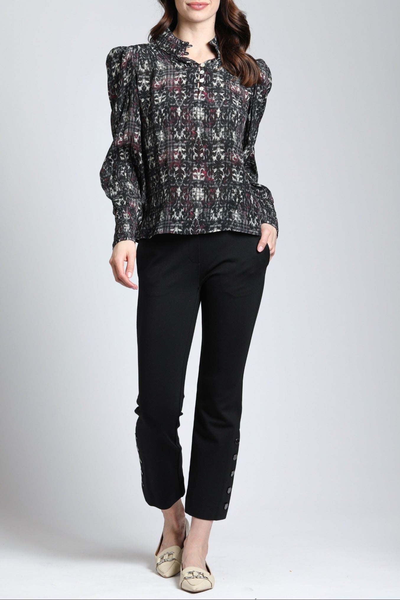 Oriental Plaid Print - Puff Sleeve Blouse With Ruched Detail