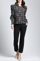Oriental Plaid Print - Puff Sleeve Blouse With Ruched Detail