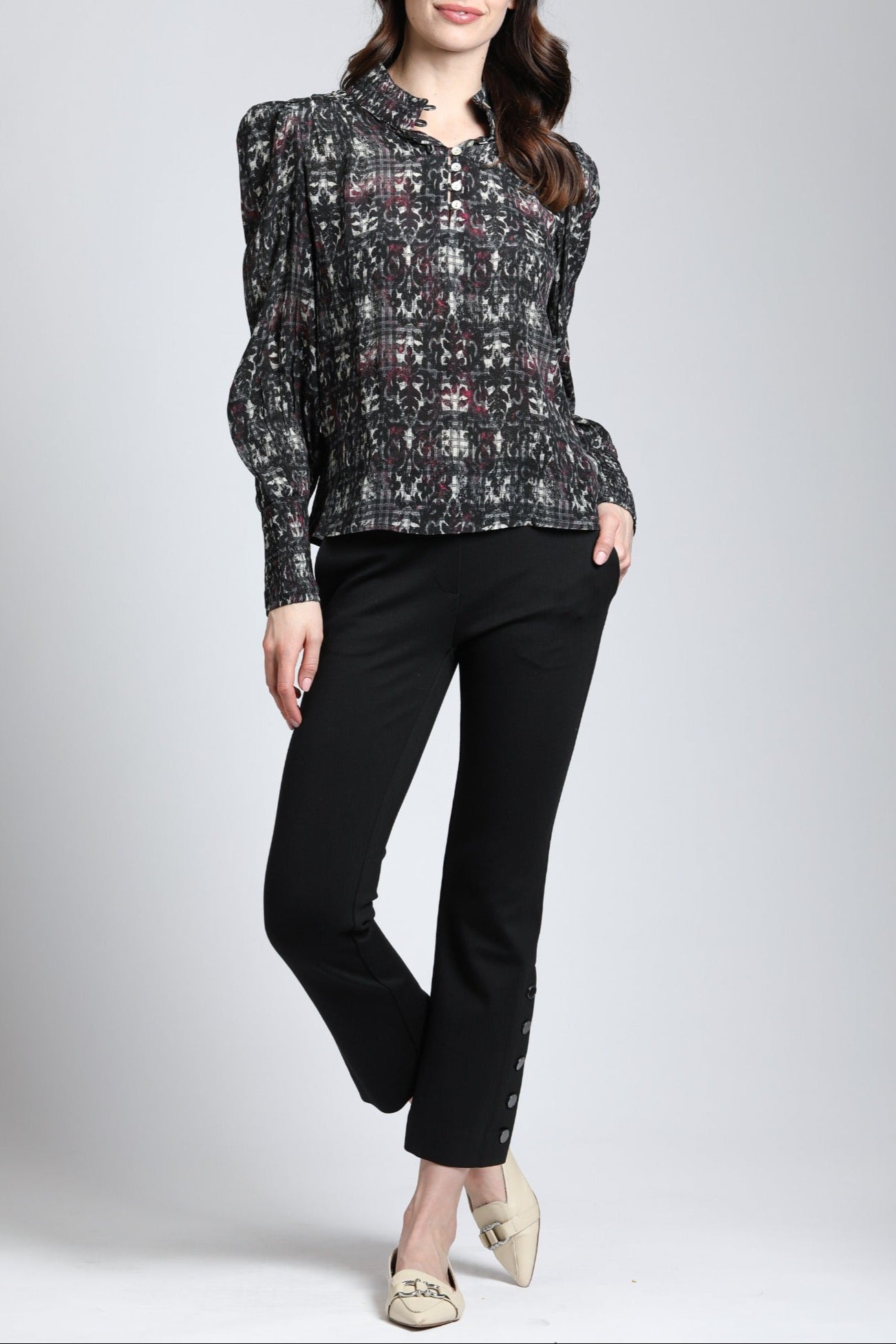 Oriental Plaid Print - Puff Sleeve Blouse With Ruched Detail
