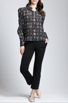 Oriental Plaid Print - Puff Sleeve Blouse With Ruched Detail