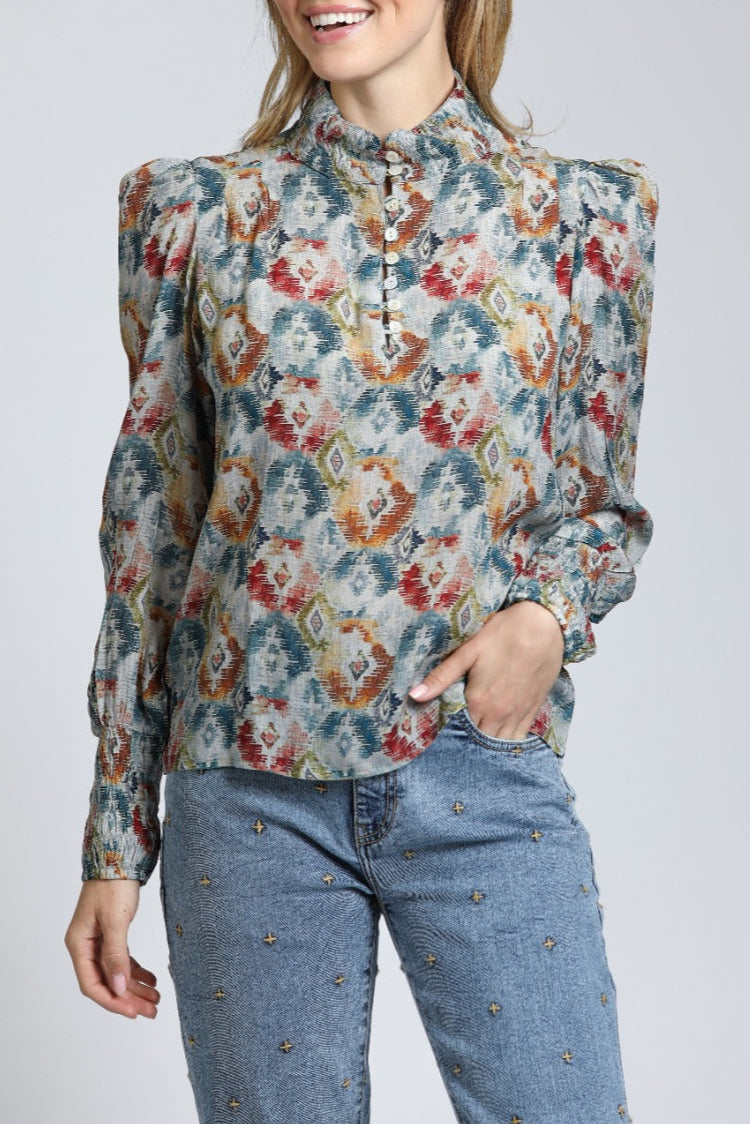 Harvest Ikat Print - Puff Sleeve Blouse | front side
