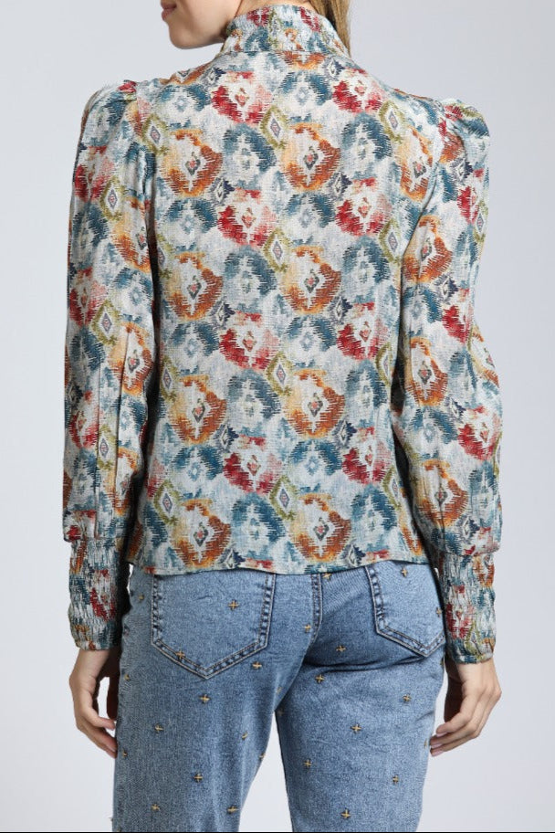 Harvest Ikat Print - Puff Sleeve Blouse | back side