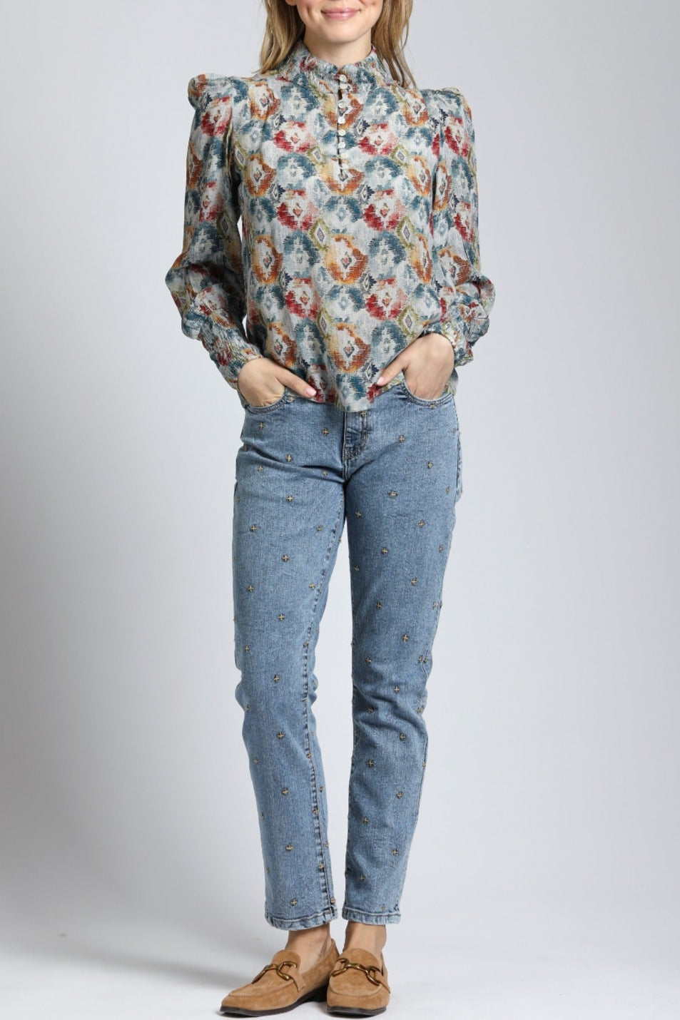 Harvest Ikat Print - Puff Sleeve Blouse | full