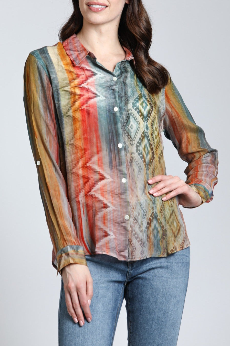 MultiColor Waves & Rhombus Print- Button Up Top | front side 