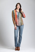 MultiColor Waves & Rhombus Print- Button Up Top