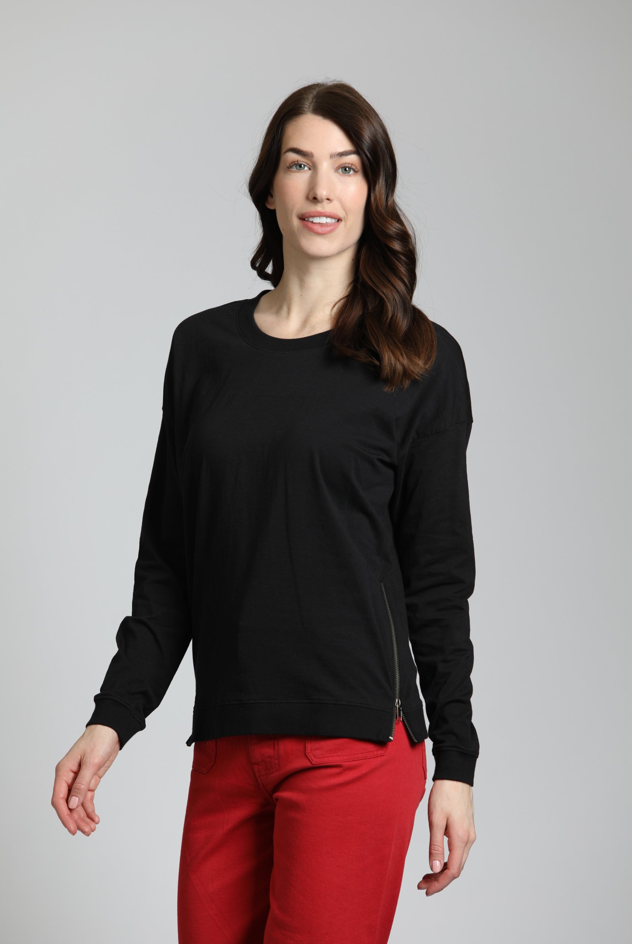 Long Sleeve Drop Shoulder Crew Neck Pullover with Side Zipper BLACK Front APNY