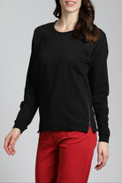 Long Sleeve Drop Shoulder Crew Neck Pullover with Side Zipper BLACK | Front side
