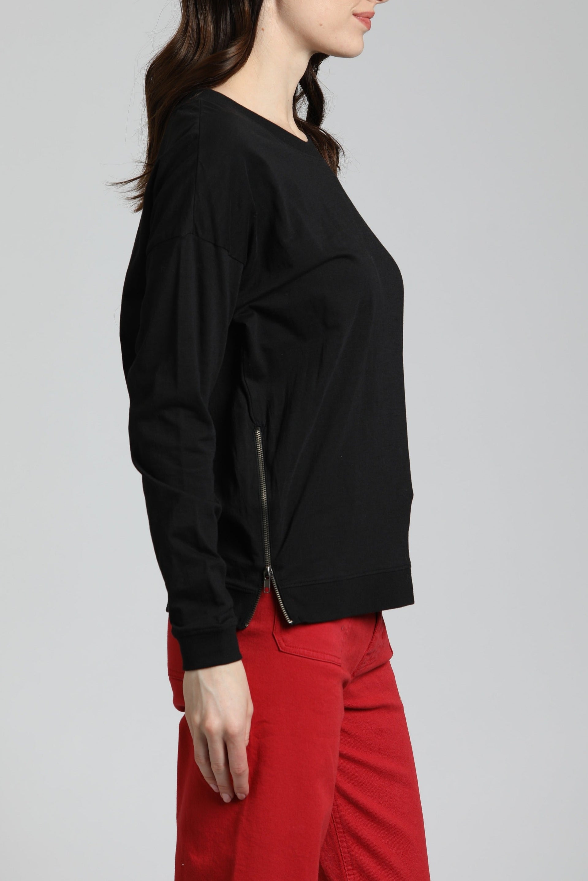 Long Sleeve Drop Shoulder Crew Neck Pullover with Side Zipper BLACK | right Side 