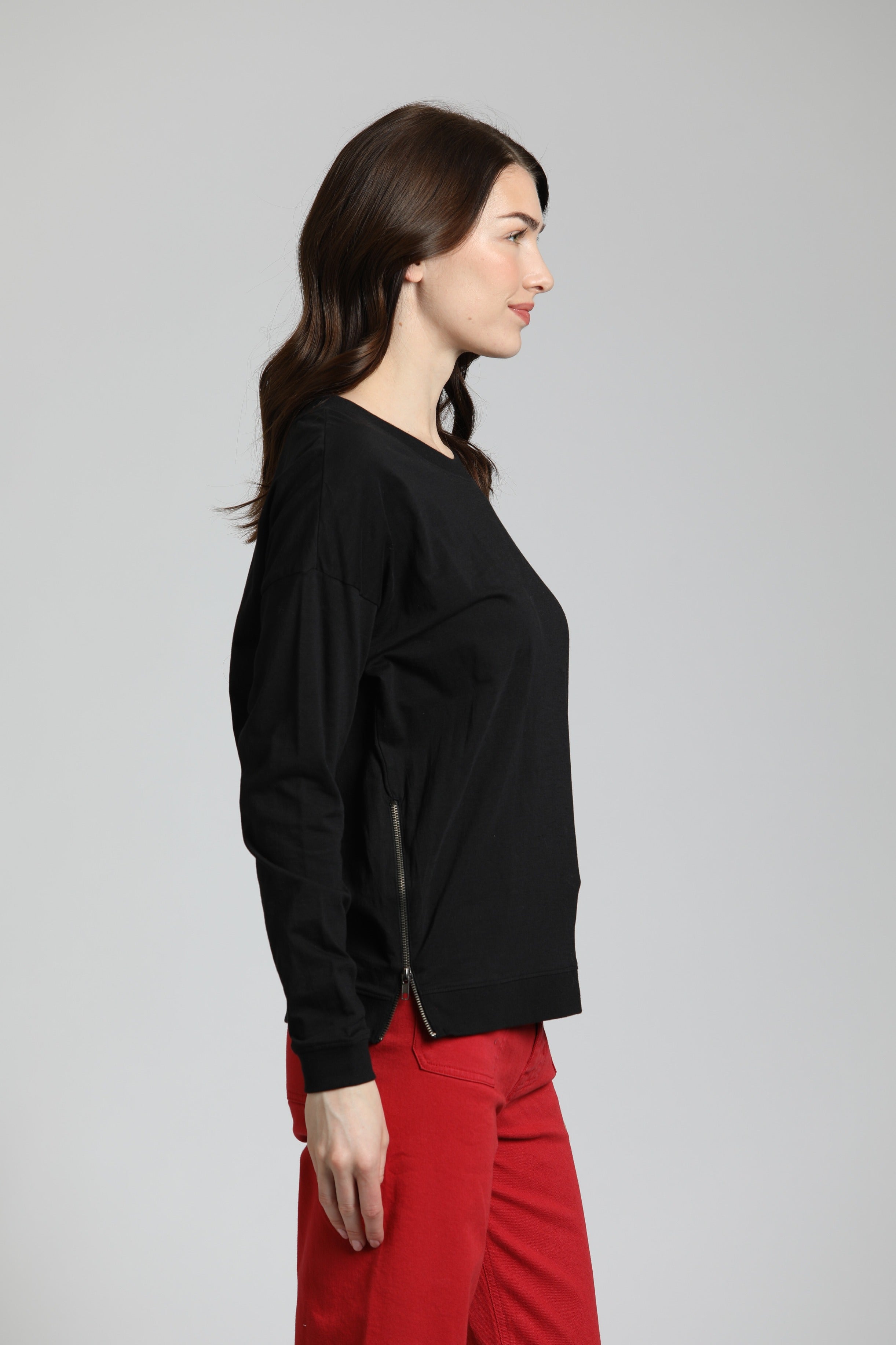 Long Sleeve Drop Shoulder Crew Neck Pullover with Side Zipper BLACK | right Side 