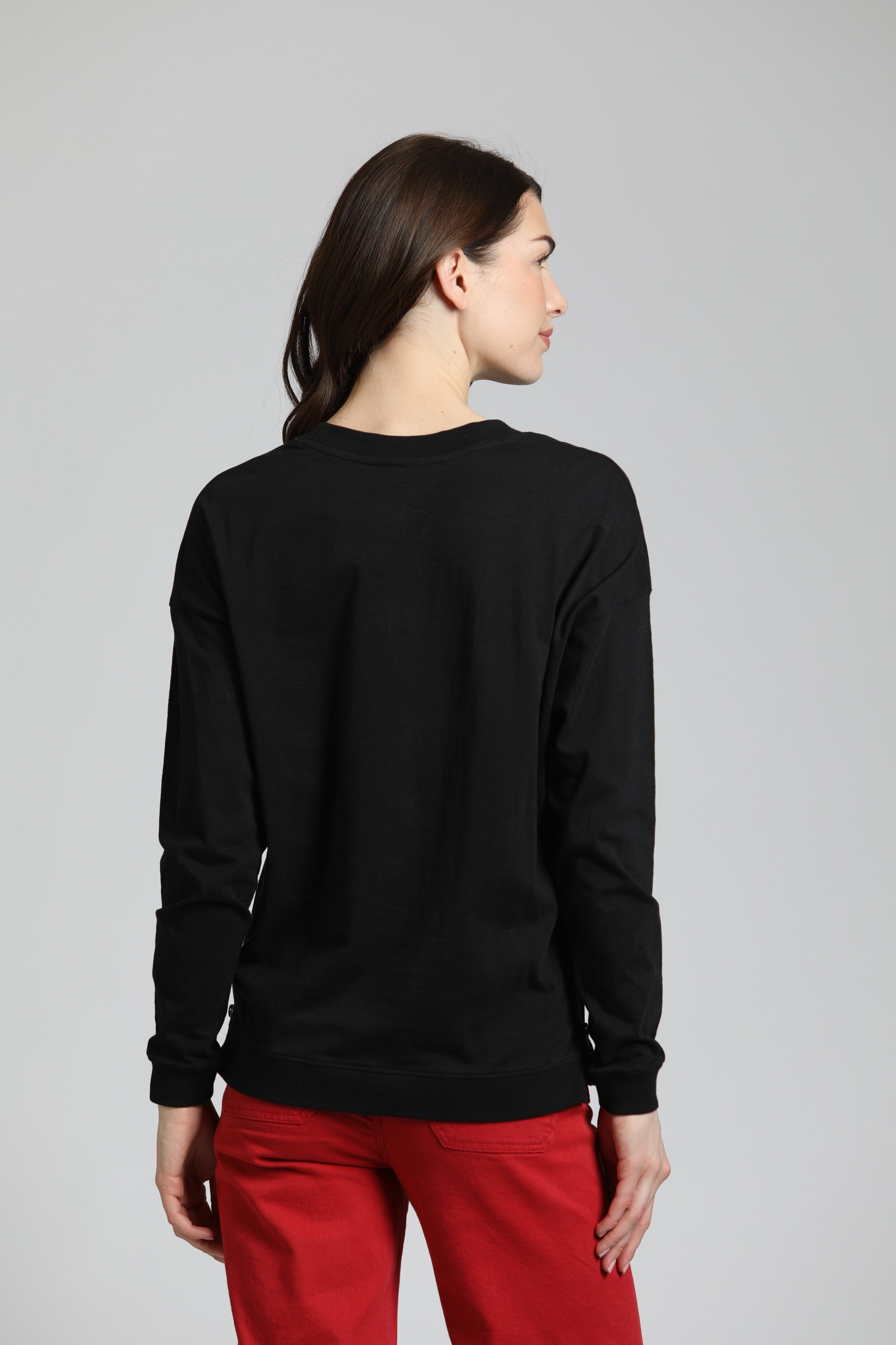 Long Sleeve Drop Shoulder Crew Neck Pullover with Side Zipper BLACK | Back side