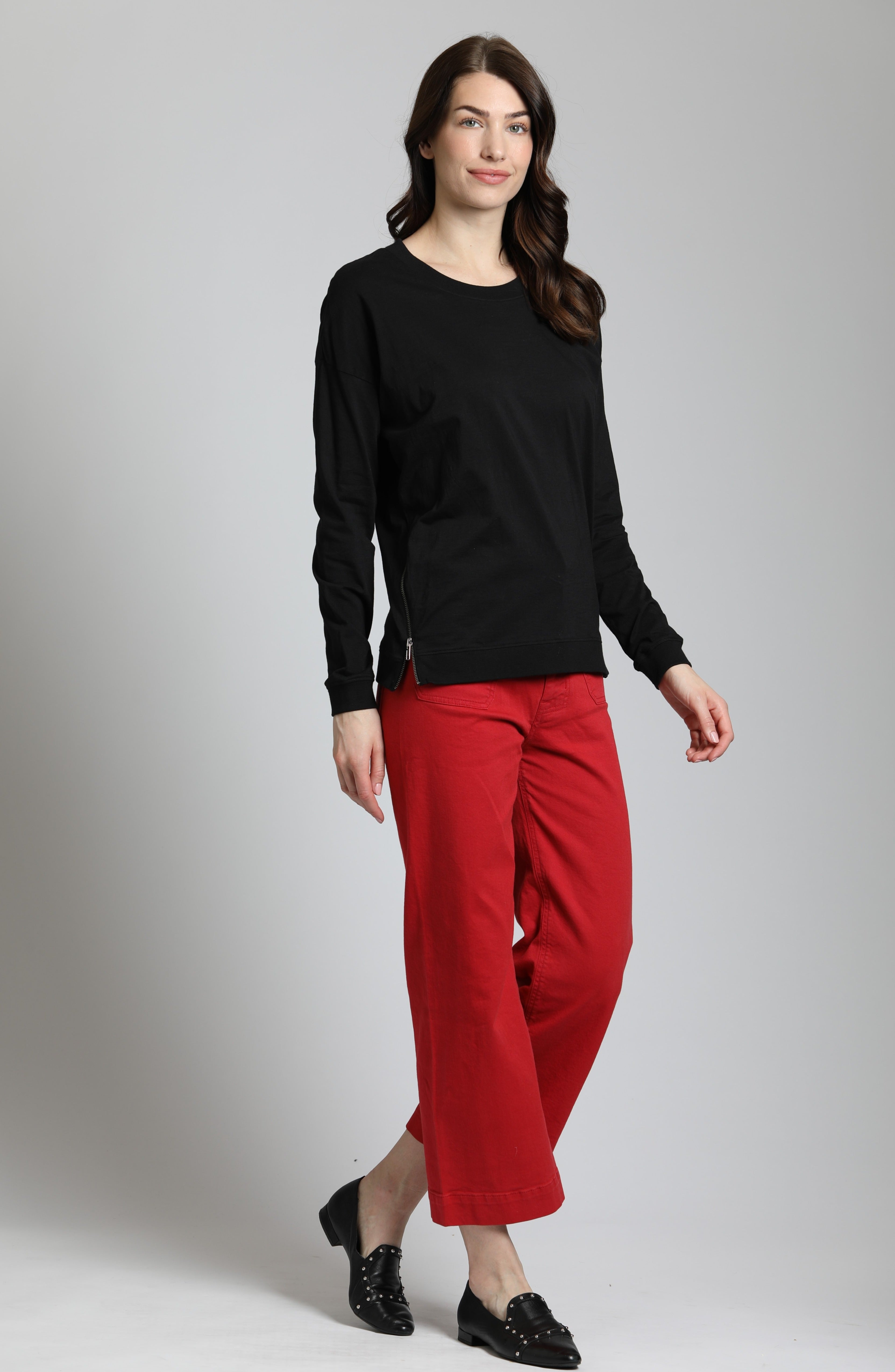 Long Sleeve Drop Shoulder Crew Neck Pullover with Side Zipper BLACK  