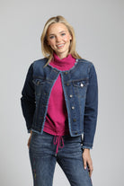 Collarless Jean Jacket with Frayed Detail