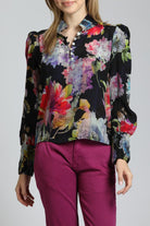 Colorful Painted Bloom Print  Puff Sleeve Blouse | front side