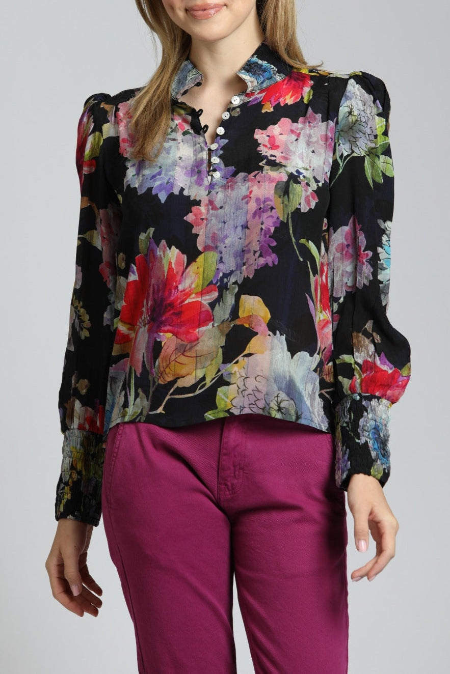 Colorful Painted Bloom Print  Puff Sleeve Blouse | front side