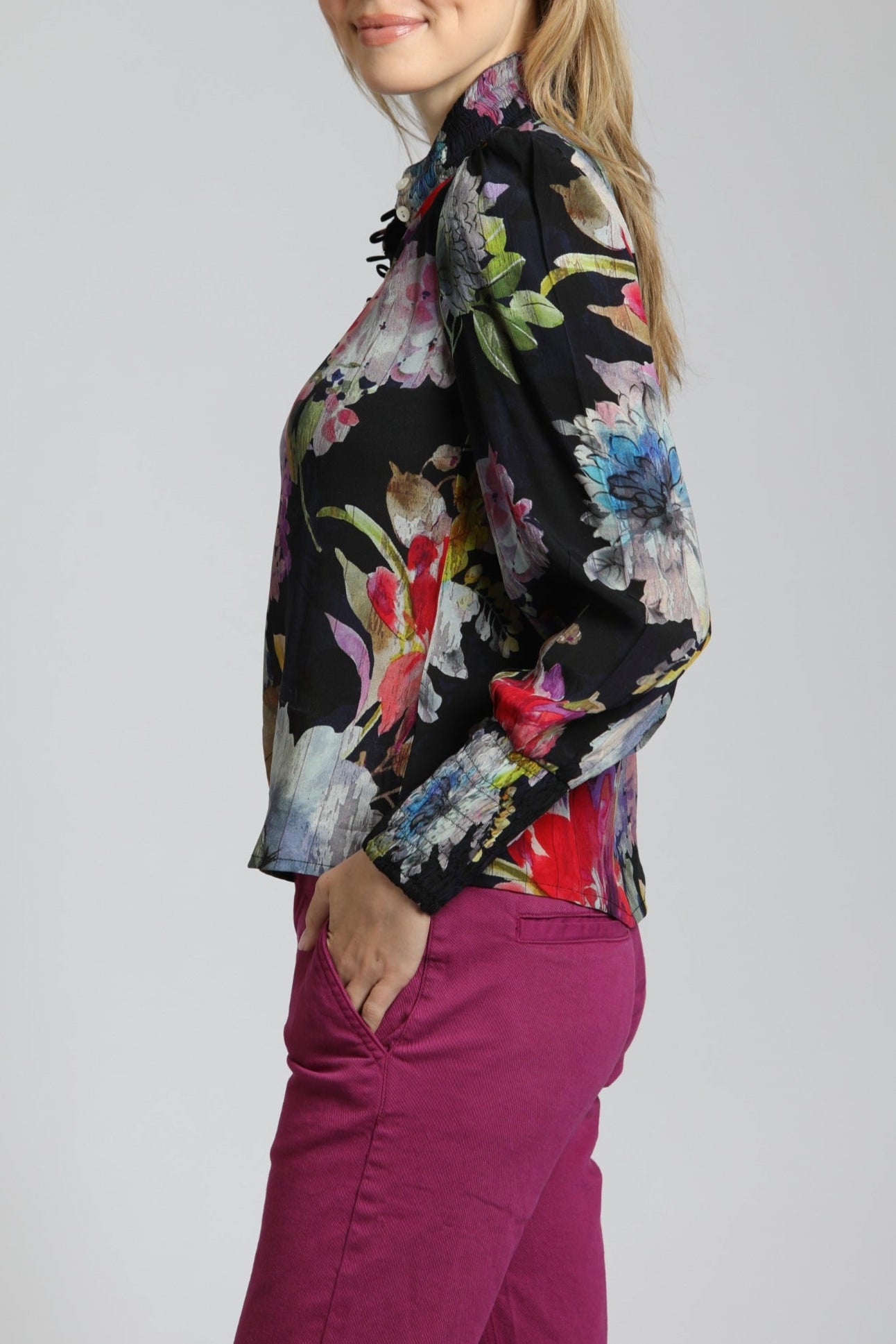 Colorful Painted Bloom Print Puff Sleeve Blouse | left side