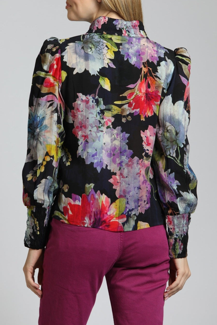 Colorful Painted Bloom Print Puff Sleeve Blouse | Back side
