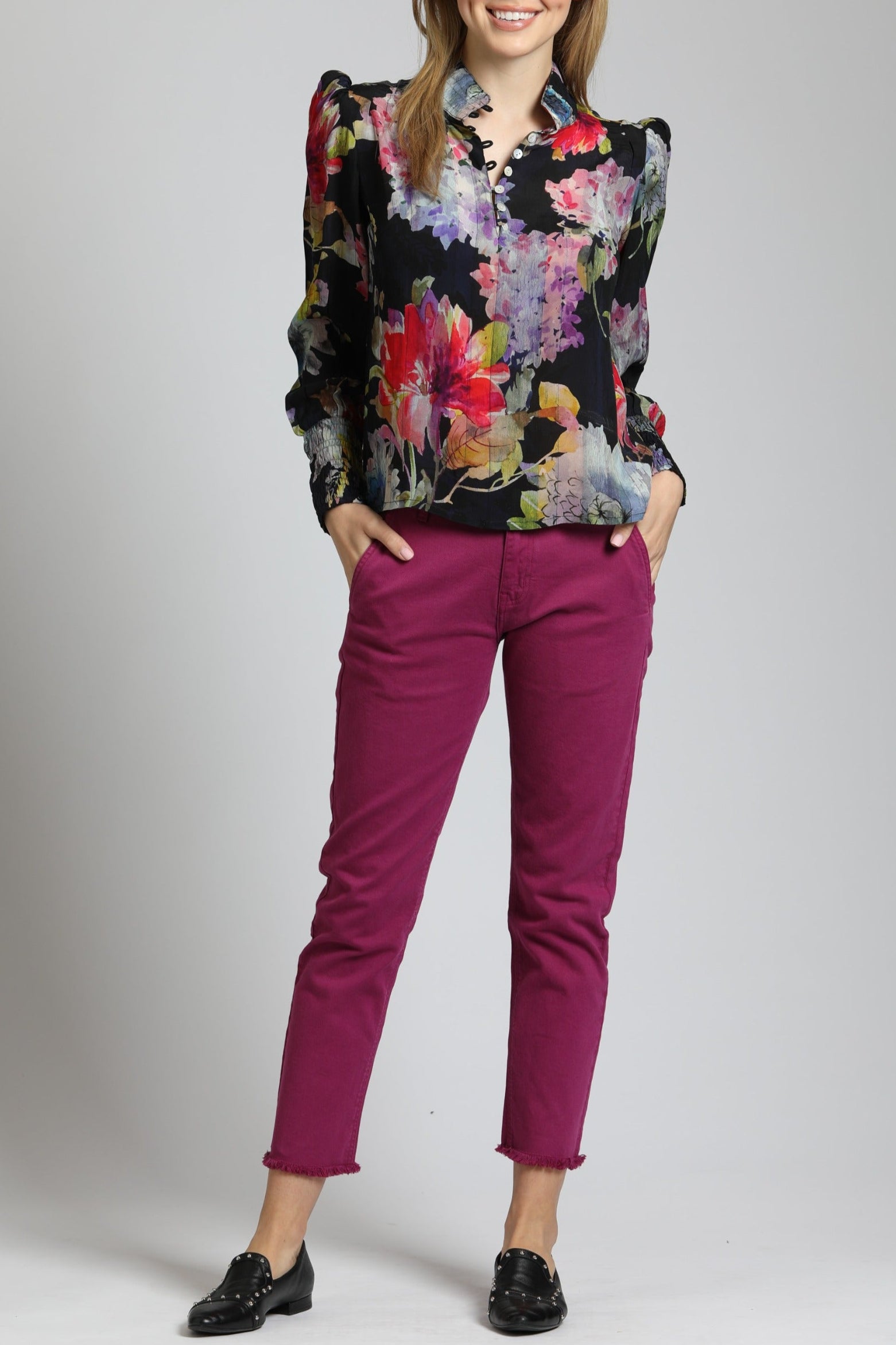Colorful Painted Bloom Print Puff Sleeve Blouse | full