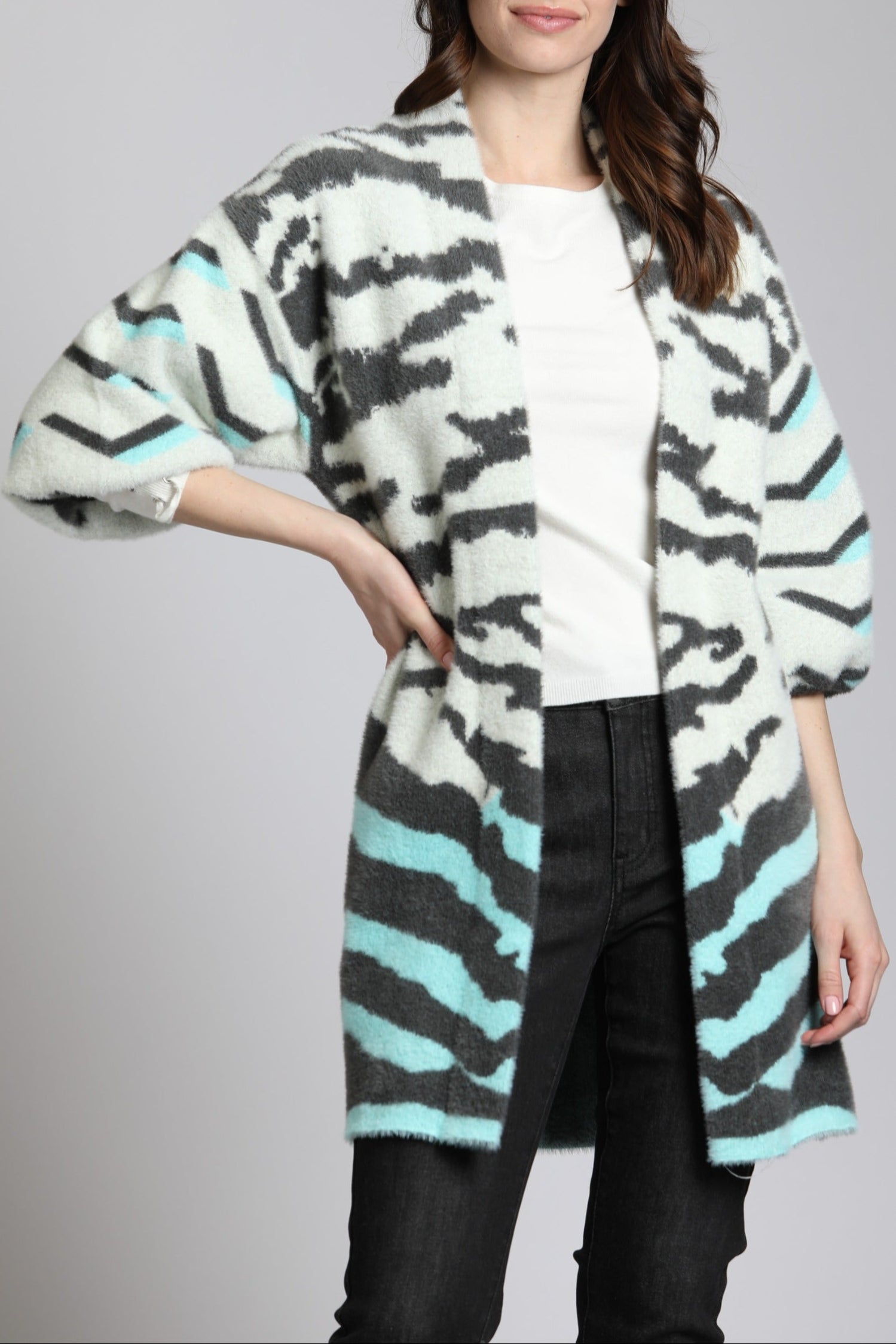 Ombre Zebra Cardi White Puff Sleeve | front side