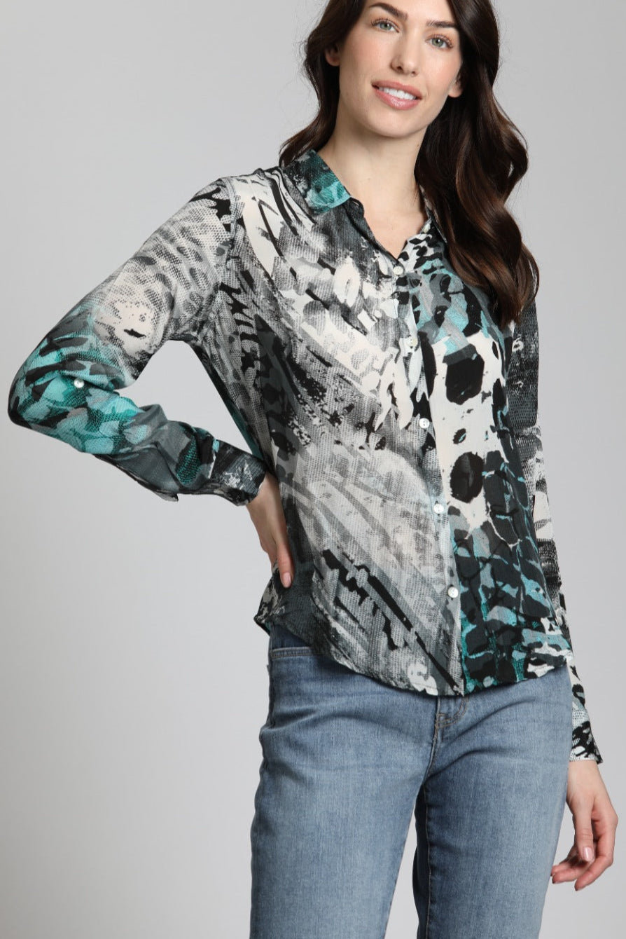 Botton-up Top With Roll up Tab Sleeve | front side