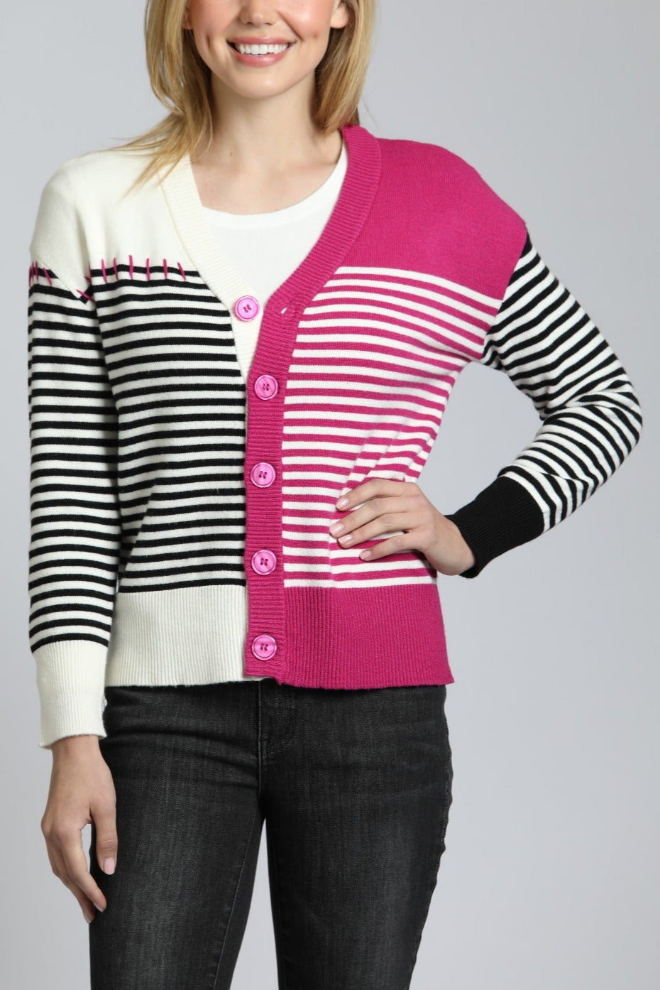 Color Block Cardigan With Whip Stitch Detail | front side