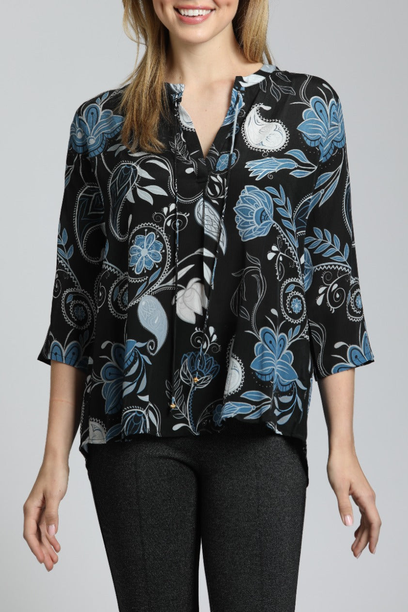 Modern Cerulean Bloom - V Neck With Tassel | front side