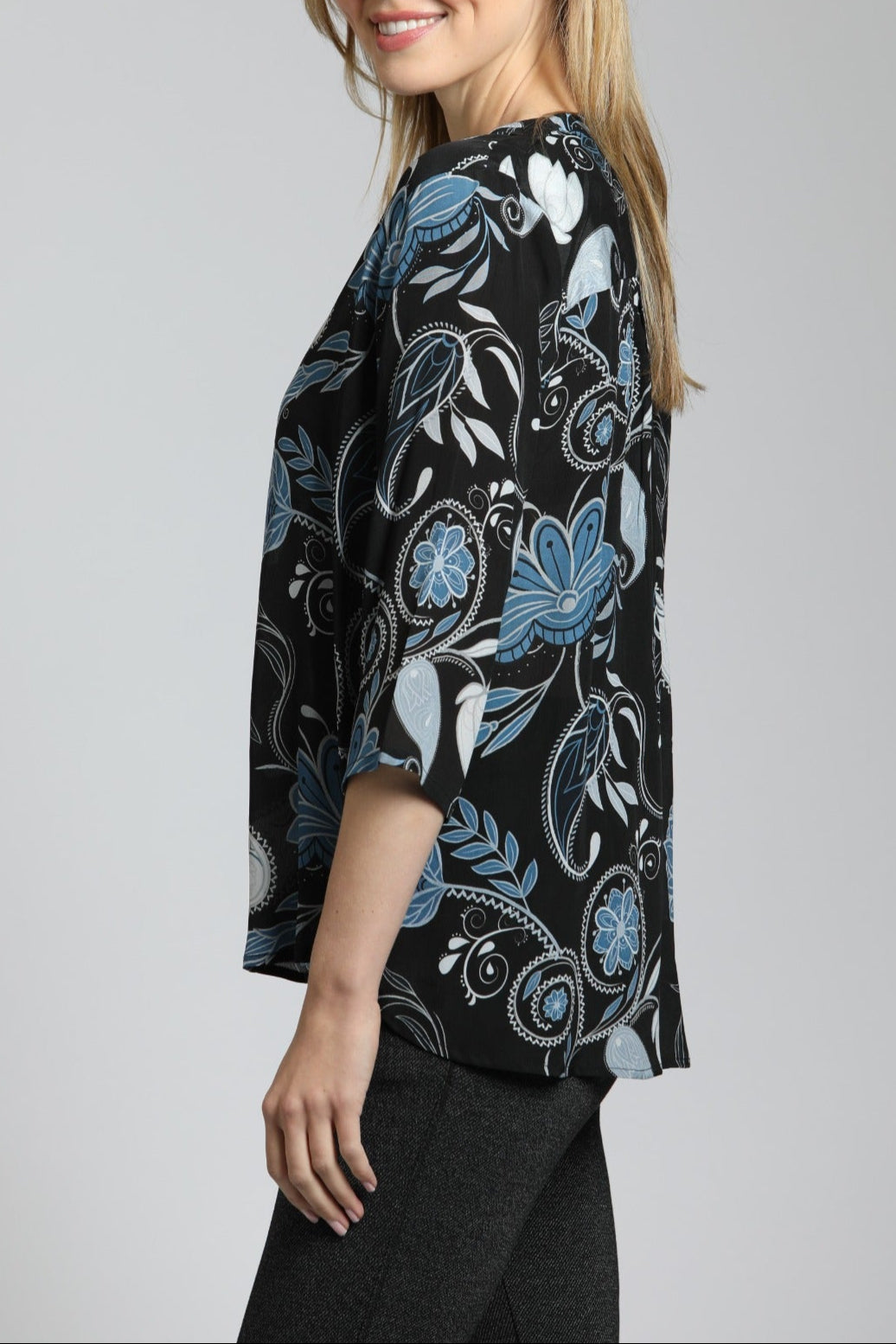 Modern Cerulean Bloom - V Neck With Tassel | left side