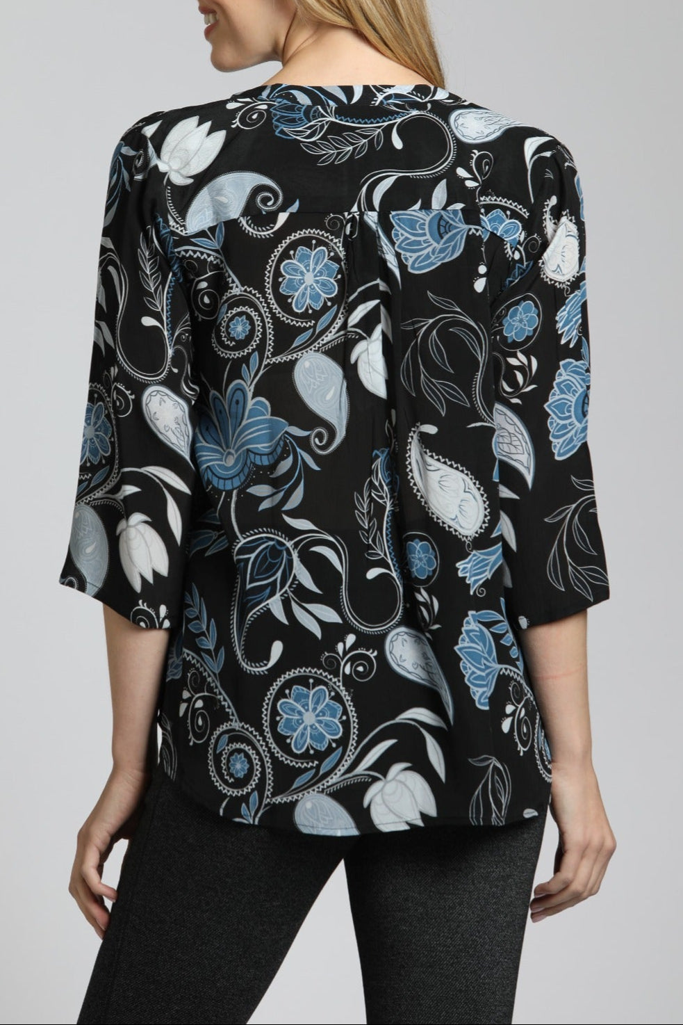 Modern Cerulean Bloom - V Neck With Tassel | back side