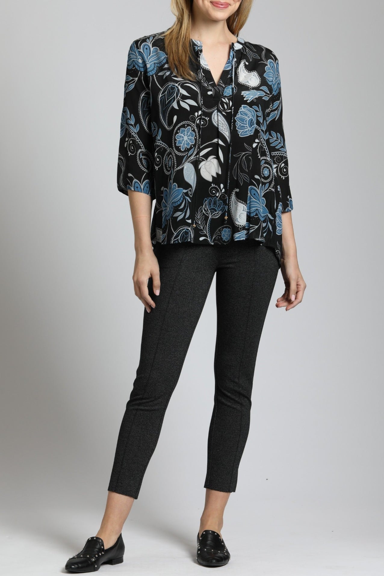 Modern Cerulean Bloom - V Neck With Tassel