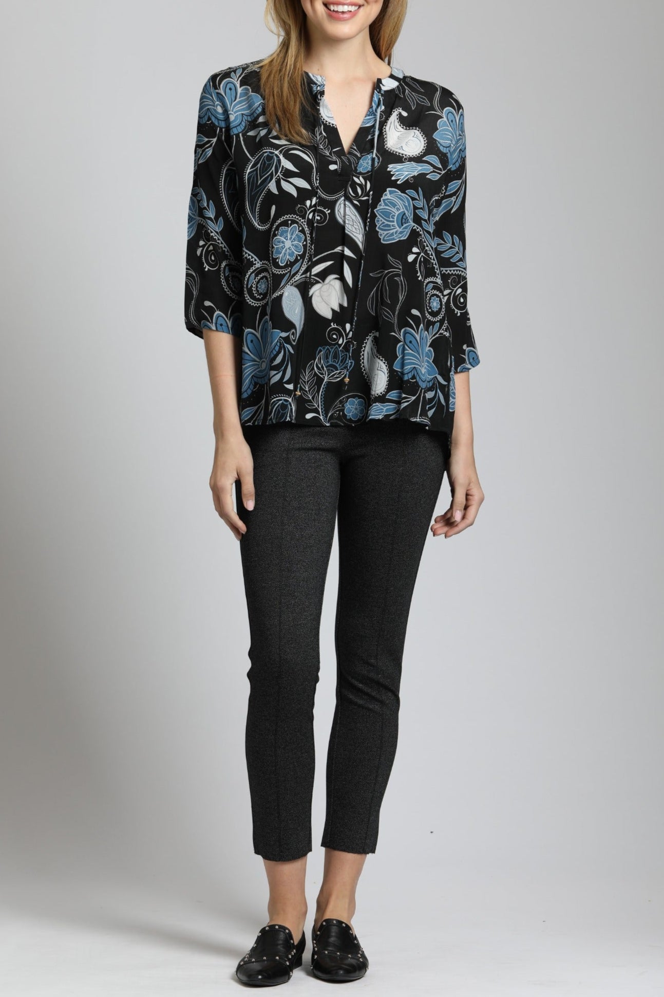 Modern Cerulean Bloom - V Neck With Tassel