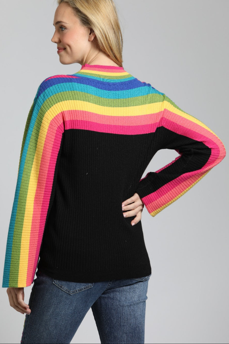 Rainbow Striped Funnel Neck Sweater | back side