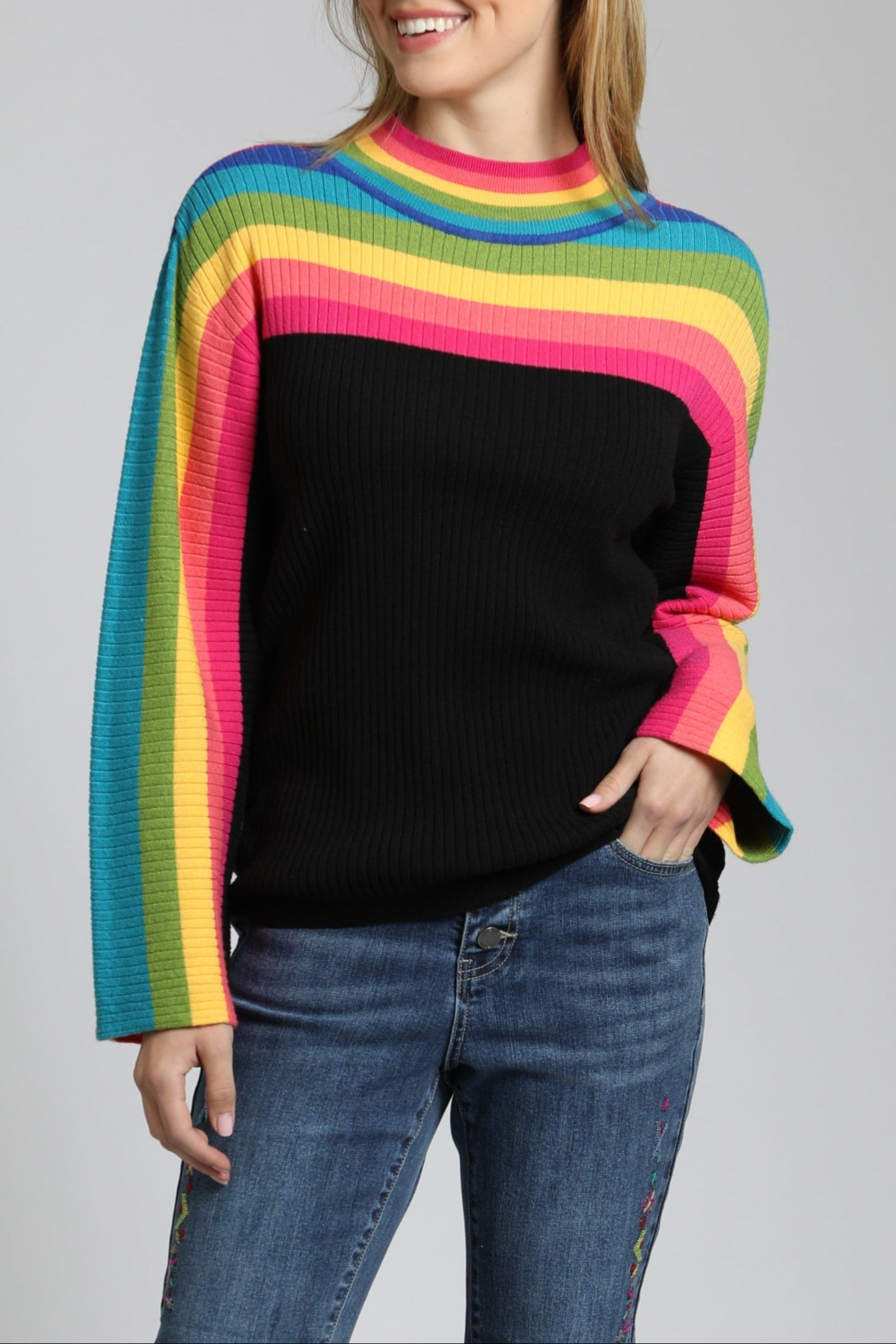 Rainbow Striped Funnel Neck Sweater | front side