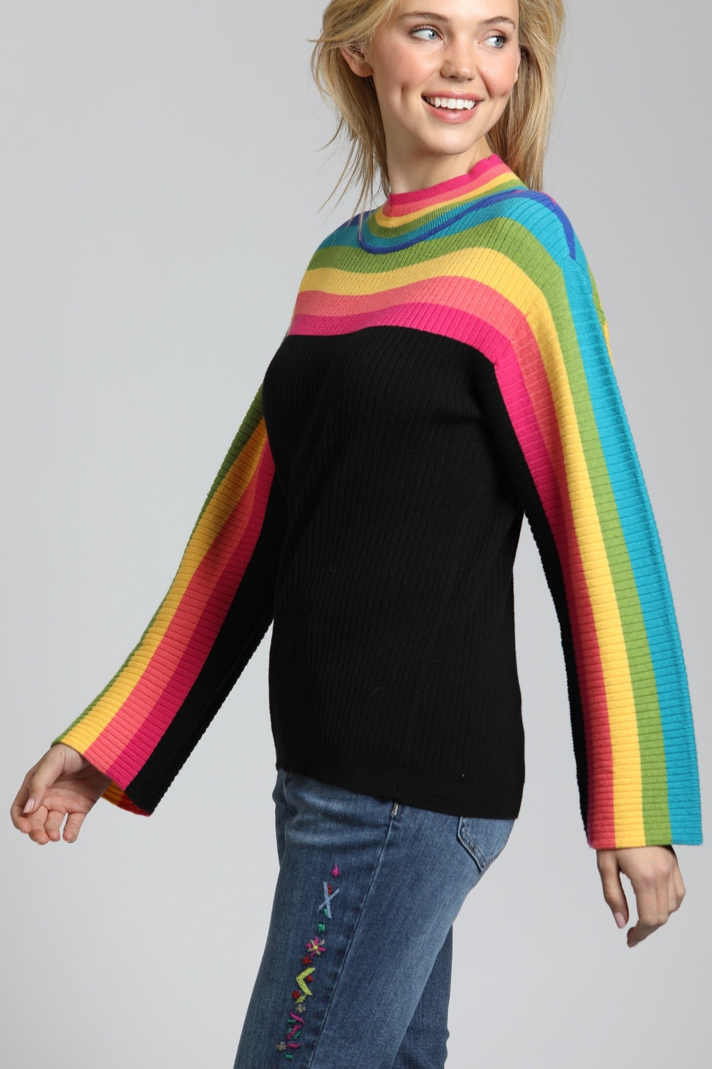 Rainbow Striped Funnel Neck Sweater | left side