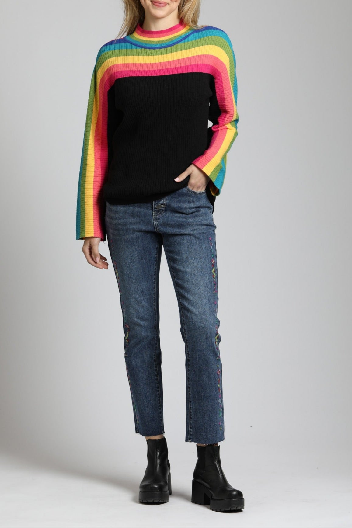 Rainbow Striped Funnel Neck Sweater | front side