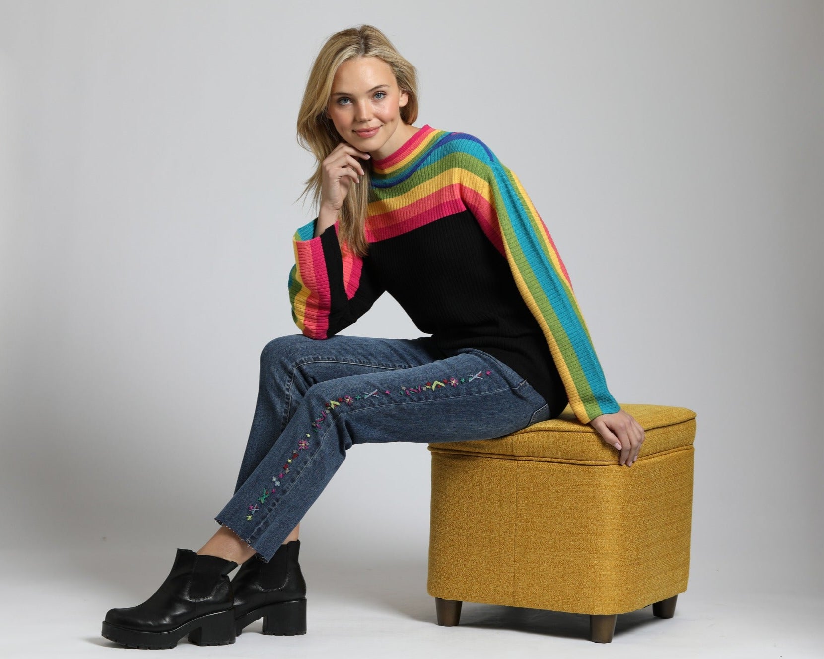Rainbow Striped Funnel Neck Sweater