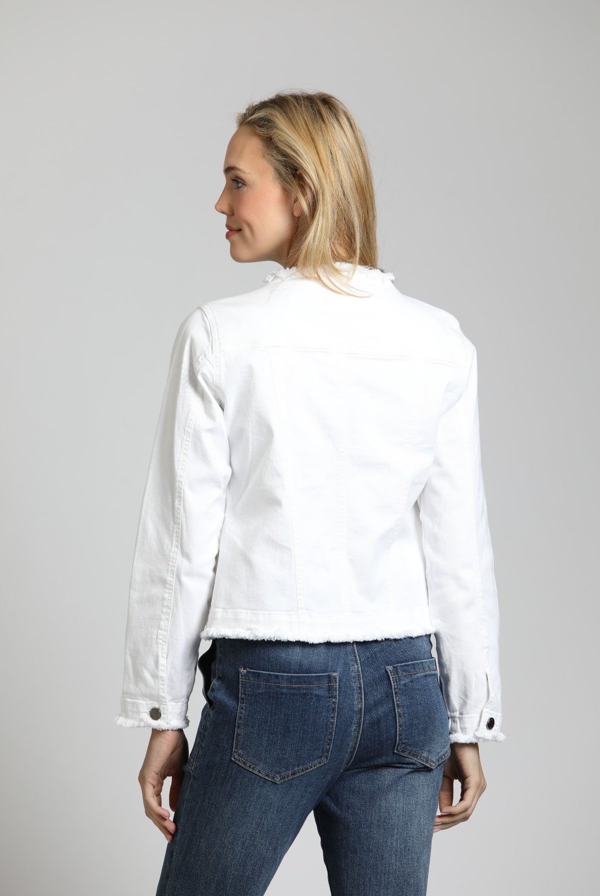 Collarless Jean Jacket with Frayed Detail