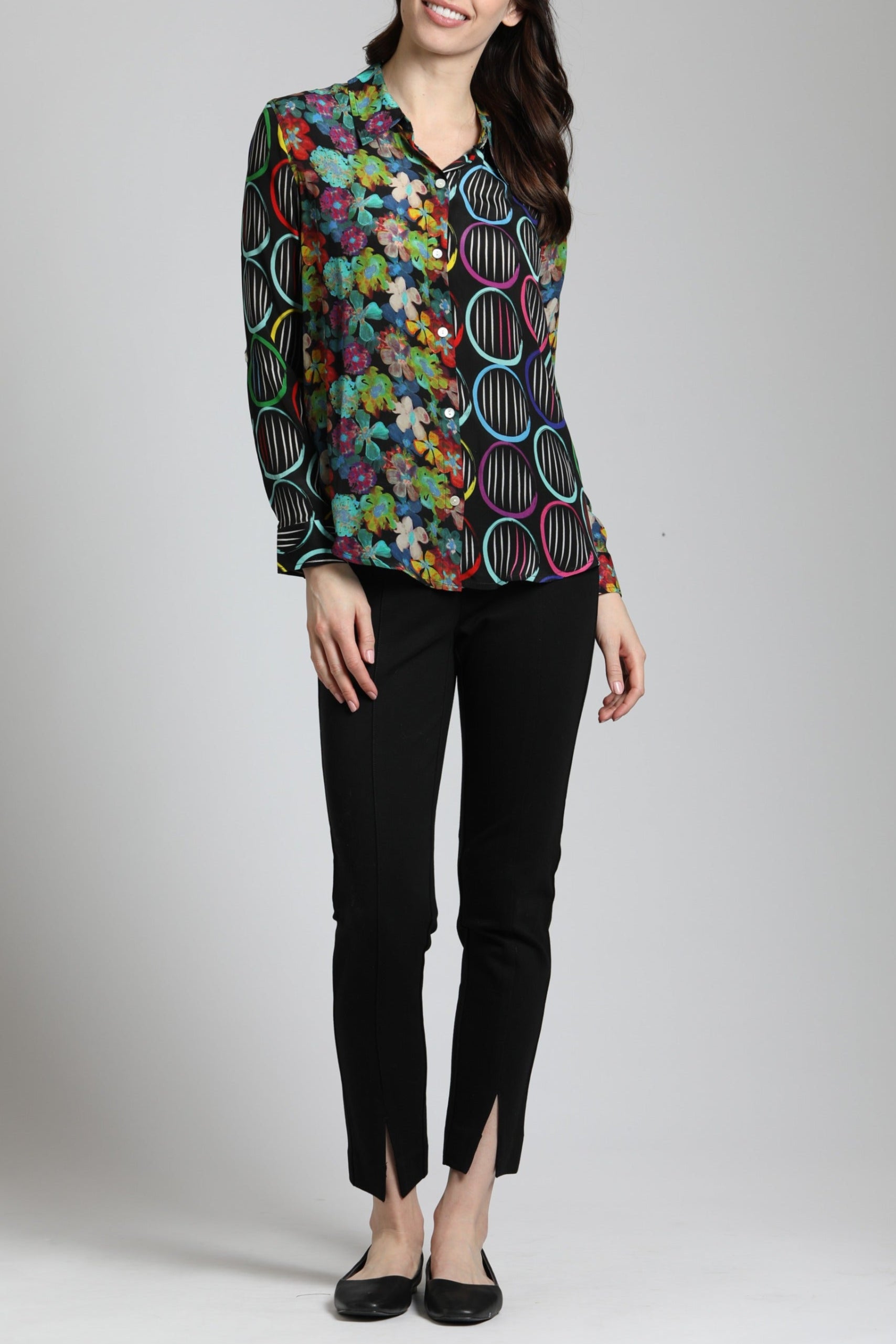 Colorful Patchwork Floral With Circles Print - Button Up Top  | full