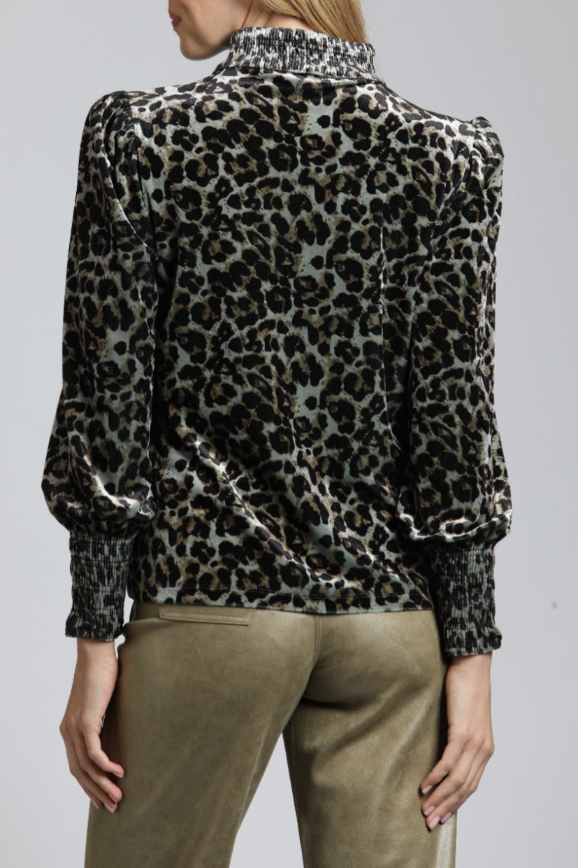 Velvet Leopard Puff Sleeve Tee With Ruched Collar & Cuffs | back side