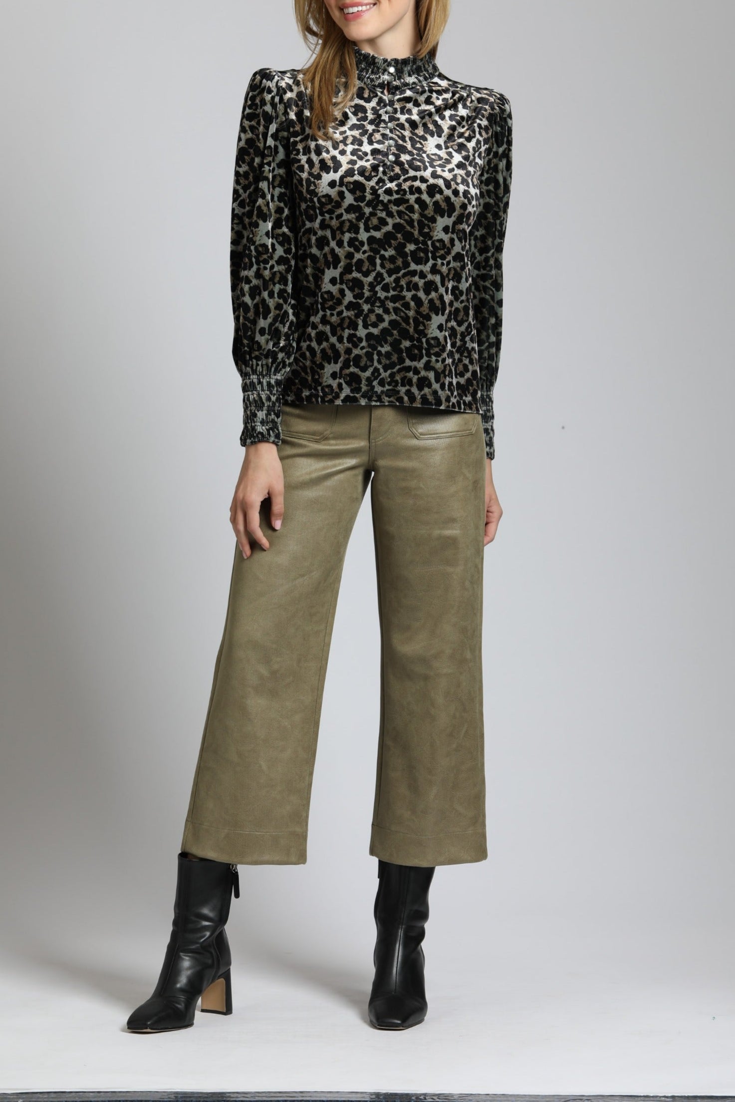 Velvet Leopard Puff Sleeve Tee With Ruched Collar & Cuffs