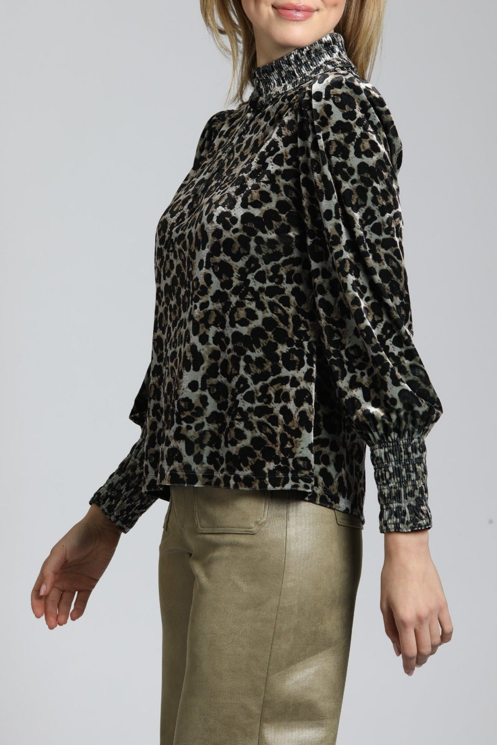 Velvet Leopard Puff Sleeve Tee With Ruched Collar & Cuffs | left side
