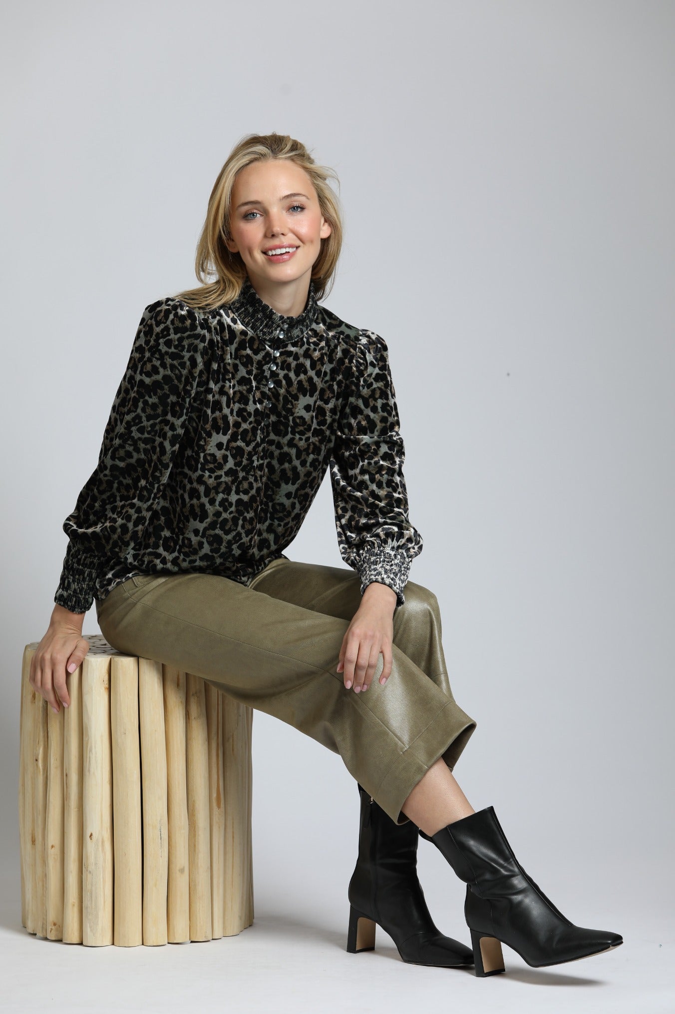 Velvet Leopard Puff Sleeve Tee With Ruched Collar & Cuffs